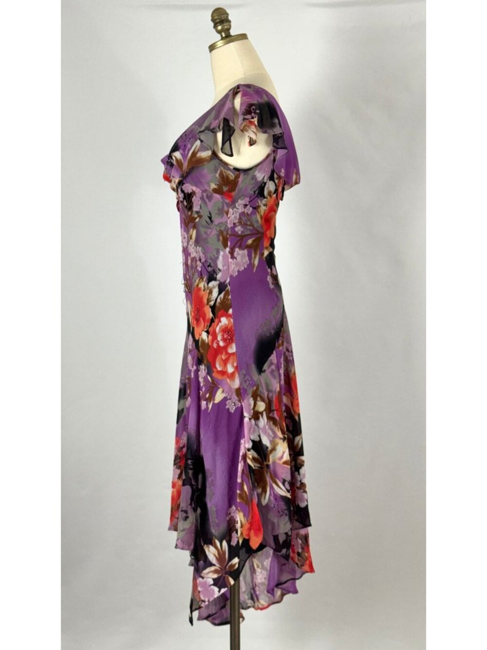 Vtg Y2K Purple Floral Asymmetrical Dress Handkerchief Hem Flutter Sleeve Fairy - Picture 4 of 13